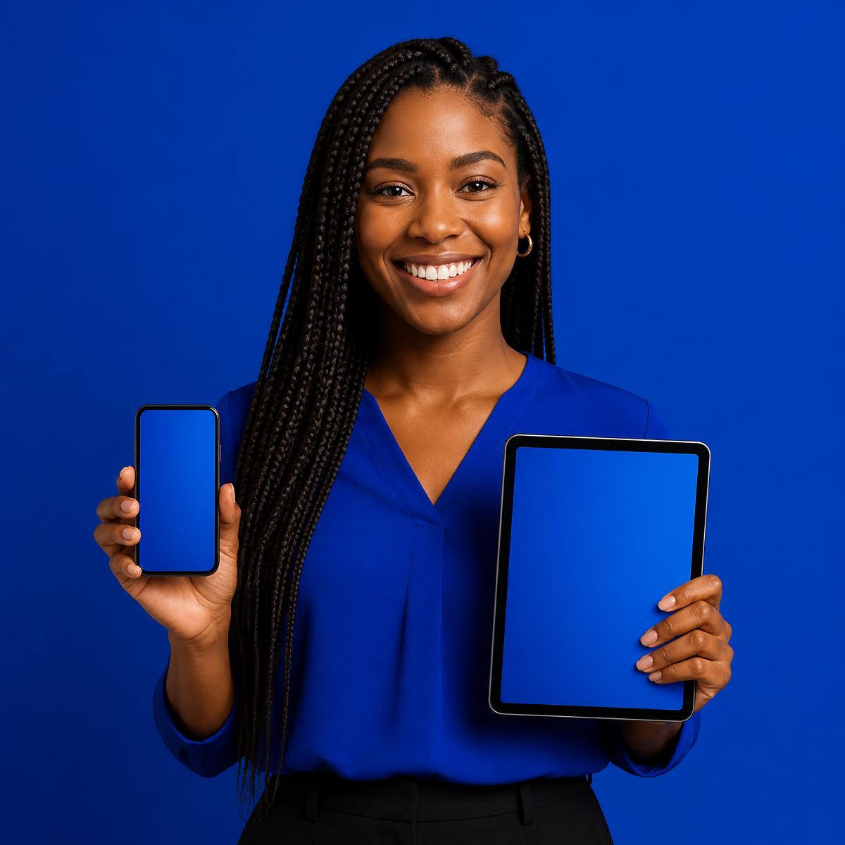 Profissional de atendimento da BS Assessoria com celular e tablet